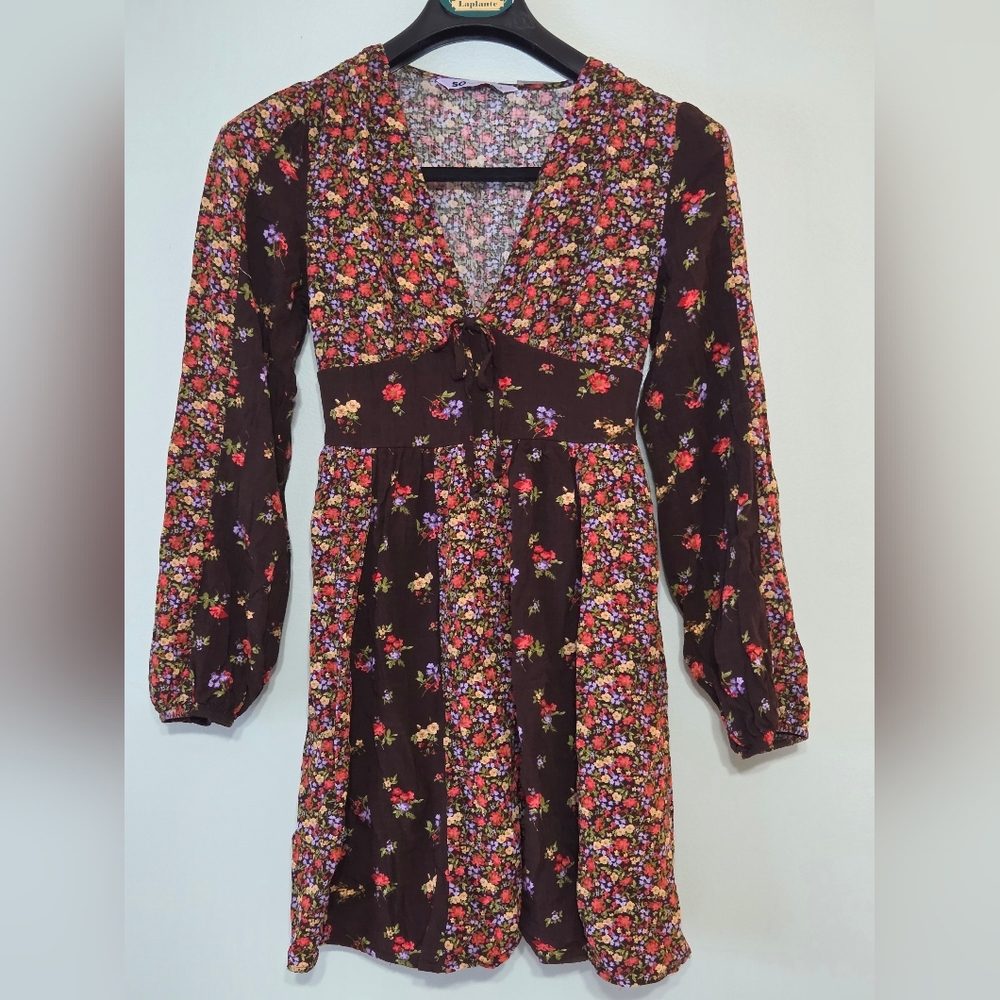 SO Goods for Life Floral Prarie Boho Long Sleeve A-line-Empire Waist Minidress S
